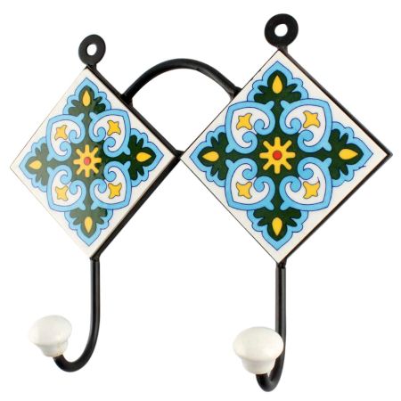 Turquoise Ceramic Floral Tile Wall Hook 